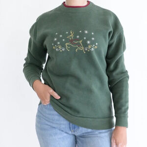 Vintage Croft And Barrow Green Embroidered Reindeer Festive Crewneck Sweater S